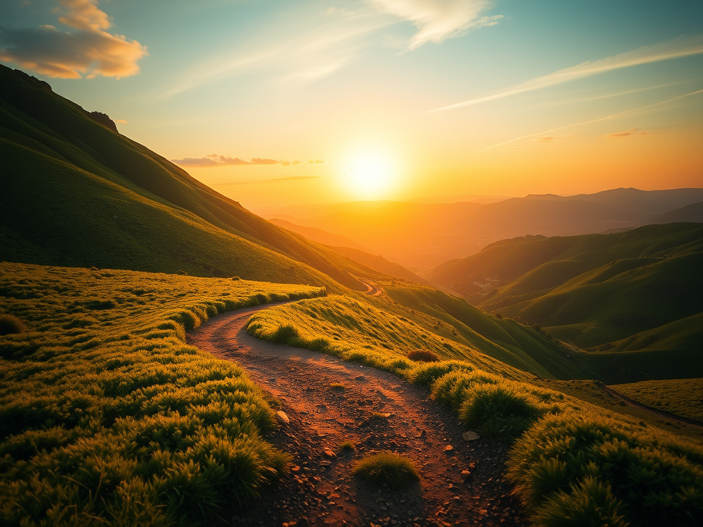 Valley sunset over rolling grassy hills and path